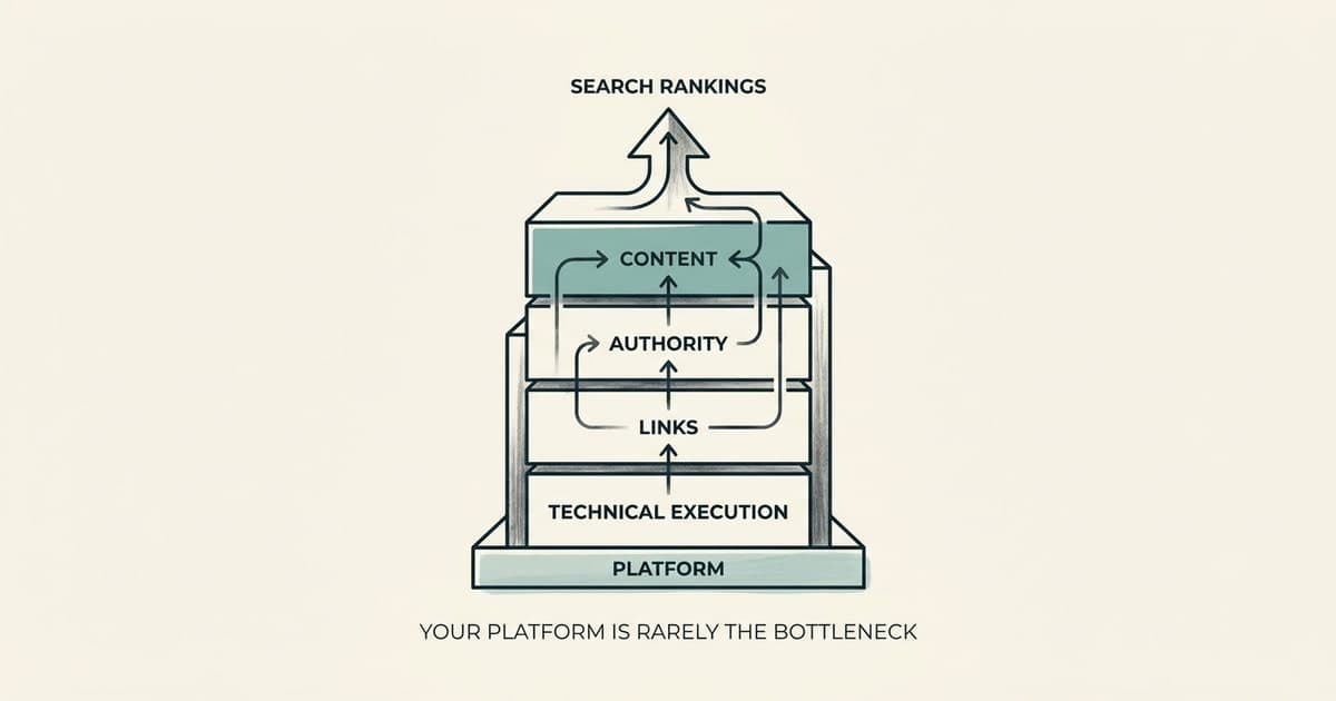 Stack diagram showing platform at the base, with technical execution, links, authority, and content stacked above, all pointing to search rankings. Caption reads: your platform is rarely the bottleneck.