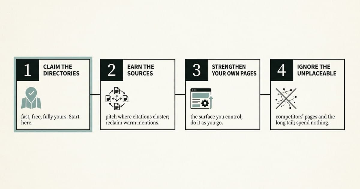 Priority order for getting cited by AI: claim, then earn, then strengthen, then ignore the unplaceable.